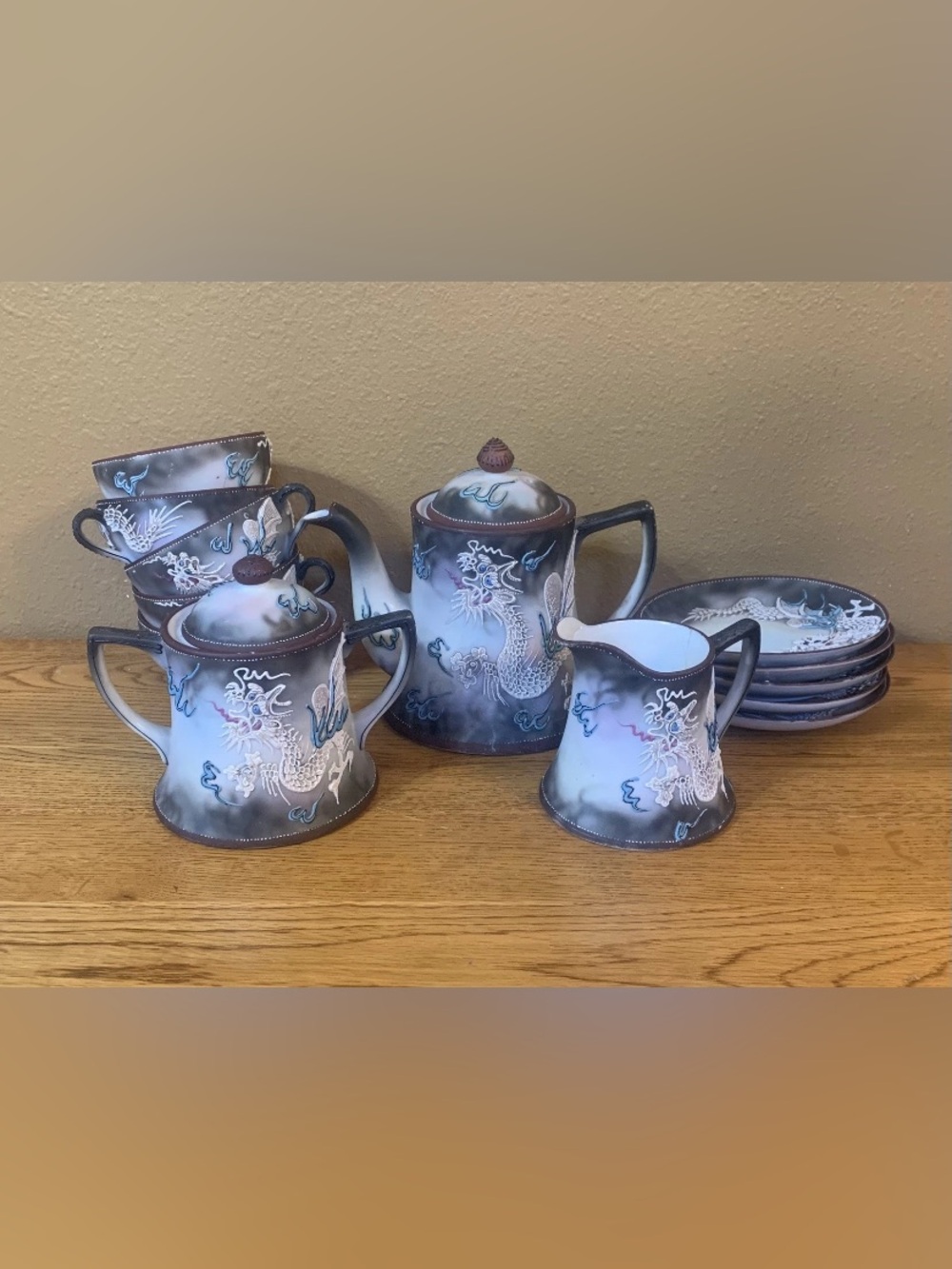 Vintage Japanese Moriage Dragonware Tea Set Lustreware w/Lithophane